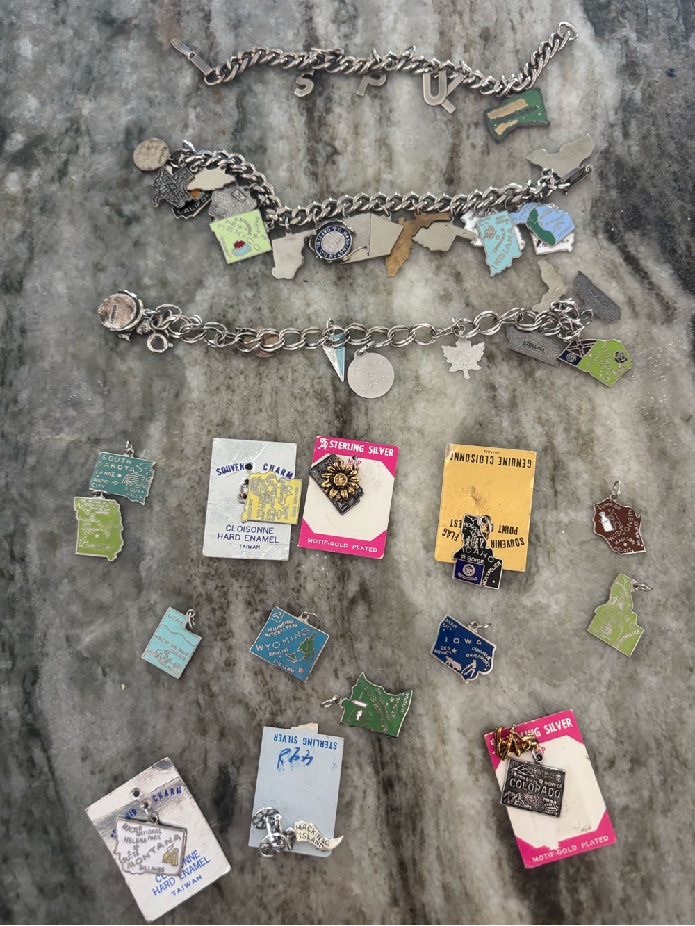 Vintage State Map Charm Bracelet Lot - Silver-Tone with Enamel State Charms